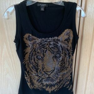 St. John black tank top, rhinestone tiger detail